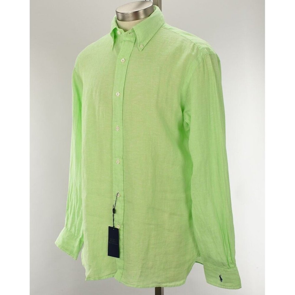 POLO RALPH LAUREN Lime Green Linen Custom Fit Long Sleeve Shirt LARGE NWT